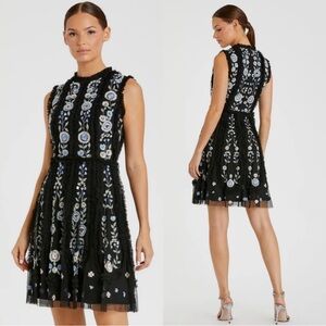 Mac Duggal 9135 Sleeveless High Neck Embroidered Mini Dress Size 12 NWT Black